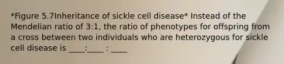 *Figure 5.7Inheritance of sickle cell disease* Instead of the Mendelian ratio of 3:1, the ratio of phenotypes for offspring from a cross between two individuals who are heterozygous for sickle cell disease is ____:____ : ____