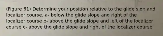 (Figure 61) Determine your position relative to the glide slop and localizer course. a- below the glide slope and right of the localizer course b- above the glide slope and left of the localizer course c- above the glide slope and right of the localizer course