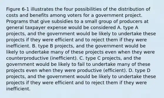 Figure 6-1 illustrates the four possibilities of the distribution of costs and benefits among voters for a government project. Programs that give subsidies to a small group of producers at general taxpayer expense would be considered A. type A projects, and the government would be likely to undertake these projects if they were efficient and to reject them if they were inefficient. B. type B projects, and the government would be likely to undertake many of these projects even when they were counterproductive (inefficient). C. type C projects, and the government would be likely to fail to undertake many of these projects even when they were productive (efficient). D. type D projects, and the government would be likely to undertake these projects if they were efficient and to reject them if they were inefficient.