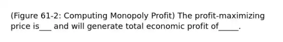 (Figure 61-2: Computing Monopoly Profit) The profit-maximizing price is___ and will generate total economic profit of_____.