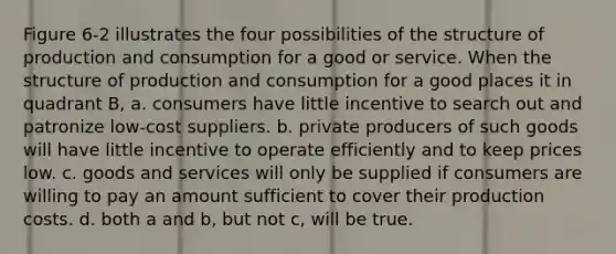 Figure 6-2 illustrates the four possibilities of the structure of production and consumption for a good or service. When the structure of production and consumption for a good places it in quadrant B, a. consumers have little incentive to search out and patronize low-cost suppliers. b. private producers of such goods will have little incentive to operate efficiently and to keep prices low. c. goods and services will only be supplied if consumers are willing to pay an amount sufficient to cover their production costs. d. both a and b, but not c, will be true.