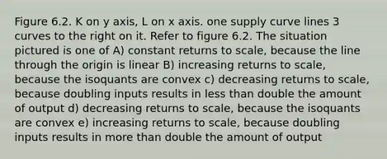 Figure 6.2. K on y axis, L on x axis. one supply curve lines 3 curves to the right on it. Refer to figure 6.2. The situation pictured is one of A) constant returns to scale, because the line through the origin is linear B) increasing returns to scale, because the isoquants are convex c) decreasing returns to scale, because doubling inputs results in <a href='https://www.questionai.com/knowledge/k7BtlYpAMX-less-than' class='anchor-knowledge'>less than</a> double the amount of output d) decreasing returns to scale, because the isoquants are convex e) increasing returns to scale, because doubling inputs results in <a href='https://www.questionai.com/knowledge/keWHlEPx42-more-than' class='anchor-knowledge'>more than</a> double the amount of output