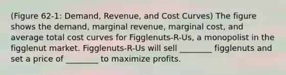 (Figure 62-1: Demand, Revenue, and Cost Curves) The figure shows the demand, marginal revenue, marginal cost, and average total cost curves for Figglenuts-R-Us, a monopolist in the figglenut market. Figglenuts-R-Us will sell ________ figglenuts and set a price of ________ to maximize profits.