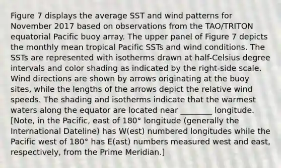 Figure 7 displays the average SST and wind patterns for November 2017 based on observations from the TAO/TRITON equatorial Pacific buoy array. The upper panel of Figure 7 depicts the monthly mean tropical Pacific SSTs and wind conditions. The SSTs are represented with isotherms drawn at half-Celsius degree intervals and color shading as indicated by the right-side scale. Wind directions are shown by arrows originating at the buoy sites, while the lengths of the arrows depict the relative wind speeds. The shading and isotherms indicate that the warmest waters along the equator are located near ________ longitude. [Note, in the Pacific, east of 180° longitude (generally the International Dateline) has W(est) numbered longitudes while the Pacific west of 180° has E(ast) numbers measured west and east, respectively, from the Prime Meridian.]