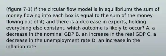 (figure 7-1) If the circular flow model is in equilibrium( the sum of money flowing into each box is equal to the sum of the money flowing out of it) and there is a decrease in exports, holding everything else constant, which outcome is likely to occur? A. a decrease in the nominal GDP B. an increase in the real GDP C. a decrease in the unemployment rate D. an increase in the inflation rate