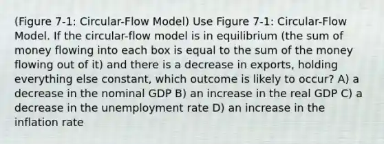 (Figure 7-1: Circular-Flow Model) Use Figure 7-1: Circular-Flow Model. If the circular-flow model is in equilibrium (the sum of money flowing into each box is equal to the sum of the money flowing out of it) and there is a decrease in exports, holding everything else constant, which outcome is likely to occur? A) a decrease in the nominal GDP B) an increase in the real GDP C) a decrease in the unemployment rate D) an increase in the inflation rate