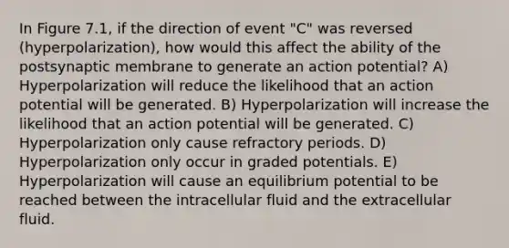 In Figure 7.1, if the direction of event "C" was reversed (hyperpolarization), how would this affect the ability of the postsynaptic membrane to generate an action potential? A) Hyperpolarization will reduce the likelihood that an action potential will be generated. B) Hyperpolarization will increase the likelihood that an action potential will be generated. C) Hyperpolarization only cause refractory periods. D) Hyperpolarization only occur in graded potentials. E) Hyperpolarization will cause an equilibrium potential to be reached between the intracellular fluid and the extracellular fluid.