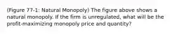 (Figure 77-1: Natural Monopoly) The figure above shows a natural monopoly. If the firm is unregulated, what will be the profit-maximizing monopoly price and quantity?