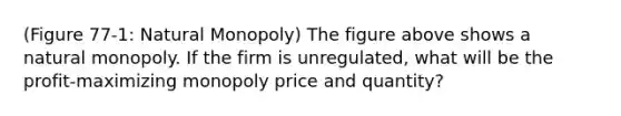 (Figure 77-1: Natural Monopoly) The figure above shows a natural monopoly. If the firm is unregulated, what will be the profit-maximizing monopoly price and quantity?