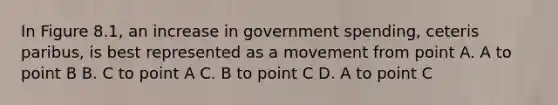 In Figure 8.1, an increase in government spending, ceteris paribus, is best represented as a movement from point A. A to point B B. C to point A C. B to point C D. A to point C