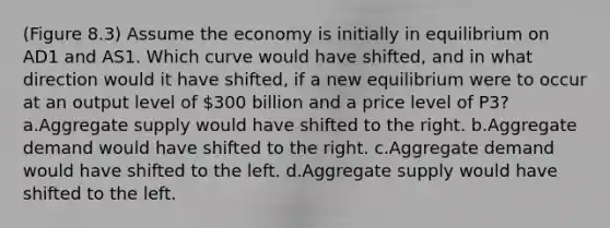 (Figure 8.3) Assume the economy is initially in equilibrium on AD1 and AS1. Which curve would have shifted, and in what direction would it have shifted, if a new equilibrium were to occur at an output level of 300 billion and a price level of P3? a.Aggregate supply would have shifted to the right. b.Aggregate demand would have shifted to the right. c.Aggregate demand would have shifted to the left. d.Aggregate supply would have shifted to the left.