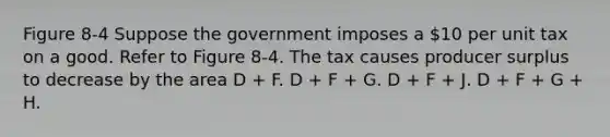 Figure 8-4 Suppose the government imposes a 10 per unit tax on a good. Refer to Figure 8-4. The tax causes producer surplus to decrease by the area D + F. D + F + G. D + F + J. D + F + G + H.