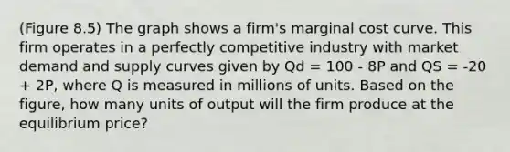 (Figure 8.5) The graph shows a firm's marginal cost curve. This firm operates in a perfectly competitive industry with market demand and supply curves given by Qd = 100 - 8P and QS = -20 + 2P, where Q is measured in millions of units. Based on the figure, how many units of output will the firm produce at the equilibrium price?