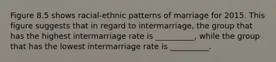 Figure 8.5 shows racial-ethnic patterns of marriage for 2015. This figure suggests that in regard to intermarriage, the group that has the highest intermarriage rate is __________, while the group that has the lowest intermarriage rate is __________.