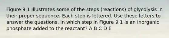 Figure 9.1 illustrates some of the steps (reactions) of glycolysis in their proper sequence. Each step is lettered. Use these letters to answer the questions. In which step in Figure 9.1 is an inorganic phosphate added to the reactant? A B C D E