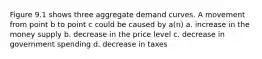 Figure 9.1 shows three aggregate demand curves. A movement from point b to point c could be caused by a(n) a. increase in the money supply b. decrease in the price level c. decrease in government spending d. decrease in taxes