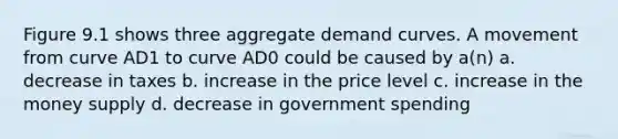 Figure 9.1 shows three aggregate demand curves. A movement from curve AD1 to curve AD0 could be caused by a(n) a. decrease in taxes b. increase in the price level c. increase in the money supply d. decrease in government spending