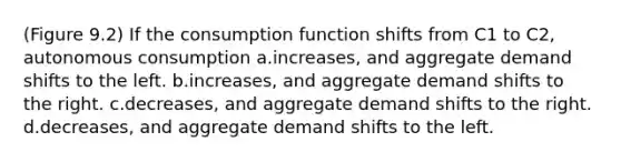 (Figure 9.2) If the consumption function shifts from C1 to C2, autonomous consumption a.increases, and aggregate demand shifts to the left. b.increases, and aggregate demand shifts to the right. c.decreases, and aggregate demand shifts to the right. d.decreases, and aggregate demand shifts to the left.