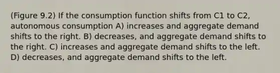 (Figure 9.2) If the consumption function shifts from C1 to C2, autonomous consumption A) increases and aggregate demand shifts to the right. B) decreases, and aggregate demand shifts to the right. C) increases and aggregate demand shifts to the left. D) decreases, and aggregate demand shifts to the left.