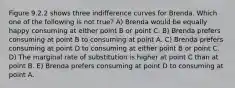 Figure 9.2.2 shows three indifference curves for Brenda. Which one of the following is not true? A) Brenda would be equally happy consuming at either point B or point C. B) Brenda prefers consuming at point B to consuming at point A. C) Brenda prefers consuming at point D to consuming at either point B or point C. D) The marginal rate of substitution is higher at point C than at point B. E) Brenda prefers consuming at point D to consuming at point A.