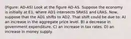 (Figure: AD-AS) Look at the figure AD-AS. Suppose the economy is initially at E1, where AD1 intersects SRAS1 and LRAS. Now, suppose that the AD1 shifts to AD2. That shift could be due to: A) an increase in the aggregate price level. B) a decrease in government expenditure. C) an increase in tax rates. D) an increase in money supply.