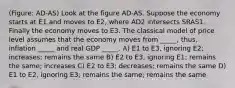 (Figure: AD-AS) Look at the figure AD-AS. Suppose the economy starts at E1 and moves to E2, where AD2 intersects SRAS1. Finally the economy moves to E3. The classical model of price level assumes that the economy moves from _____; thus, inflation _____ and real GDP _____. A) E1 to E3, ignoring E2; increases; remains the same B) E2 to E3, ignoring E1; remains the same; increases C) E2 to E3; decreases; remains the same D) E1 to E2, ignoring E3; remains the same; remains the same