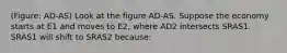 (Figure: AD-AS) Look at the figure AD-AS. Suppose the economy starts at E1 and moves to E2, where AD2 intersects SRAS1. SRAS1 will shift to SRAS2 because: