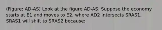 (Figure: AD-AS) Look at the figure AD-AS. Suppose the economy starts at E1 and moves to E2, where AD2 intersects SRAS1. SRAS1 will shift to SRAS2 because: