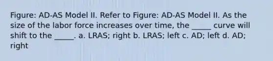 Figure: AD-AS Model II. Refer to Figure: AD-AS Model II. As the size of the labor force increases over time, the _____ curve will shift to the _____. a. LRAS; right b. LRAS; left c. AD; left d. AD; right