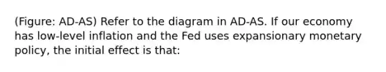 (Figure: AD-AS) Refer to the diagram in AD-AS. If our economy has low-level inflation and the Fed uses expansionary monetary policy, the initial effect is that: