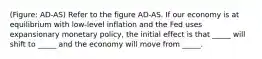 (Figure: AD-AS) Refer to the figure AD-AS. If our economy is at equilibrium with low-level inflation and the Fed uses expansionary monetary policy, the initial effect is that _____ will shift to _____ and the economy will move from _____.