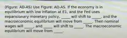 (Figure: AD-AS) Use Figure: AD-AS. If the economy is in equilibrium with low inflation at E1, and the Fed uses expansionary monetary policy, _____ will shift to _____, and the macroeconomic equilibrium will move from _____. Then nominal wages will _____, and _____ will shift to _____. The macroeconomic equilibrium will move from _____.