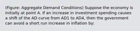 (Figure: Aggregate Demand Conditions) Suppose the economy is initially at point A. If an increase in investment spending causes a shift of the AD curve from AD1 to AD4, then the government can avoid a short run increase in inflation by: