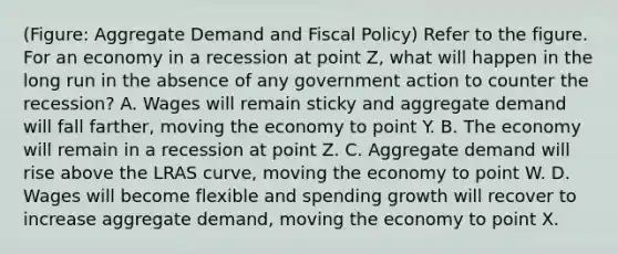 (Figure: Aggregate Demand and Fiscal Policy) Refer to the figure. For an economy in a recession at point Z, what will happen in the long run in the absence of any government action to counter the recession? A. Wages will remain sticky and aggregate demand will fall farther, moving the economy to point Y. B. The economy will remain in a recession at point Z. C. Aggregate demand will rise above the LRAS curve, moving the economy to point W. D. Wages will become flexible and spending growth will recover to increase aggregate demand, moving the economy to point X.