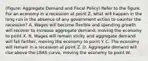 (Figure: Aggregate Demand and Fiscal Policy) Refer to the figure. For an economy in a recession at point Z, what will happen in the long run in the absence of any government action to counter the recession? A. Wages will become flexible and spending growth will recover to increase aggregate demand, moving the economy to point X. B. Wages will remain sticky and aggregate demand will fall farther, moving the economy to point Y. C. The economy will remain in a recession at point Z. D. Aggregate demand will rise above the LRAS curve, moving the economy to point W.