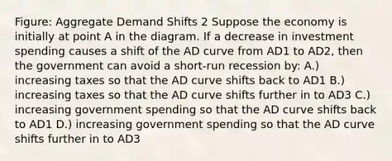 Figure: Aggregate Demand Shifts 2 Suppose the economy is initially at point A in the diagram. If a decrease in investment spending causes a shift of the AD curve from AD1 to AD2, then the government can avoid a short-run recession by: A.) increasing taxes so that the AD curve shifts back to AD1 B.) increasing taxes so that the AD curve shifts further in to AD3 C.) increasing government spending so that the AD curve shifts back to AD1 D.) increasing government spending so that the AD curve shifts further in to AD3