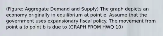 (Figure: Aggregate Demand and Supply) The graph depicts an economy originally in equilibrium at point e. Assume that the government uses expansionary fiscal policy. The movement from point a to point b is due to (GRAPH FROM HWQ 10)