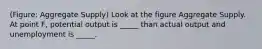 (Figure: Aggregate Supply) Look at the figure Aggregate Supply. At point F, potential output is _____ than actual output and unemployment is _____.