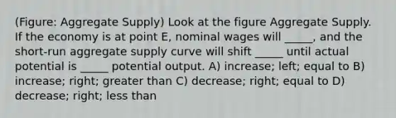 (Figure: Aggregate Supply) Look at the figure Aggregate Supply. If the economy is at point E, nominal wages will _____, and the short-run aggregate supply curve will shift _____ until actual potential is _____ potential output. A) increase; left; equal to B) increase; right; <a href='https://www.questionai.com/knowledge/ktgHnBD4o3-greater-than' class='anchor-knowledge'>greater than</a> C) decrease; right; equal to D) decrease; right; <a href='https://www.questionai.com/knowledge/k7BtlYpAMX-less-than' class='anchor-knowledge'>less than</a>