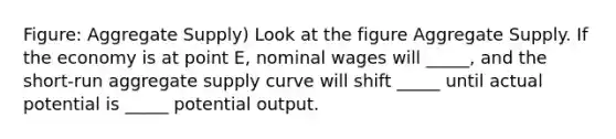 Figure: Aggregate Supply) Look at the figure Aggregate Supply. If the economy is at point E, nominal wages will _____, and the short-run aggregate supply curve will shift _____ until actual potential is _____ potential output.