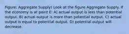 Figure: Aggregate Supply) Look at the figure Aggregate Supply. If the economy is at point E: A) actual output is less than potential output. B) actual output is more than potential output. C) actual output is equal to potential output. D) potential output will decrease.