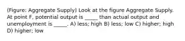 (Figure: Aggregate Supply) Look at the figure Aggregate Supply. At point F, potential output is _____ than actual output and unemployment is _____. A) less; high B) less; low C) higher; high D) higher; low