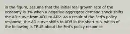 in the figure, assume that the initial real growth rate of the economy is 3% when a negative aggregate demand shock shifts the AD curve from AD1 to AD2. As a result of the Fed's policy response, the AD curve shifts to AD5 in the short run. which of the following is TRUE about the Fed's policy response