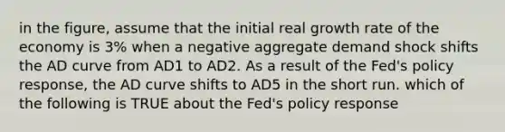 in the figure, assume that the initial real growth rate of the economy is 3% when a negative aggregate demand shock shifts the AD curve from AD1 to AD2. As a result of the Fed's policy response, the AD curve shifts to AD5 in the short run. which of the following is TRUE about the Fed's policy response