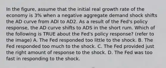 In the figure, assume that the initial real growth rate of the economy is 3% when a negative aggregate demand shock shifts the AD curve from ADI to AD2. As a result of the Fed's policy response, the AD curve shifts to ADS in the short rum. Which of the following is TRUE about the Fed's policy response? (refer to the image) A. The Fed responded too little to the shock. B. The Fed responded too much to the shock. C. The Fed provided just the right amount of response to the shock. D. The Fed was too fast in responding to the shock.