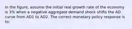 In the figure, assume the initial real growth rate of the economy is 3% when a negative aggregate demand shock shifts the AD curve from AD1 to AD2. The correct monetary policy response is to: