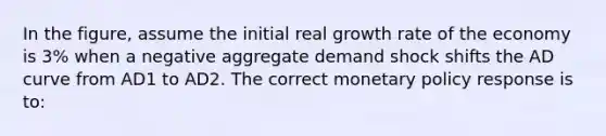 In the figure, assume the initial real growth rate of the economy is 3% when a negative aggregate demand shock shifts the AD curve from AD1 to AD2. The correct monetary policy response is to: