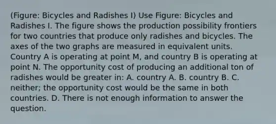 (Figure: Bicycles and Radishes I) Use Figure: Bicycles and Radishes I. The figure shows the production possibility frontiers for two countries that produce only radishes and bicycles. The axes of the two graphs are measured in equivalent units. Country A is operating at point M, and country B is operating at point N. The opportunity cost of producing an additional ton of radishes would be greater in: A. country A. B. country B. C. neither; the opportunity cost would be the same in both countries. D. There is not enough information to answer the question.