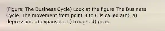 (Figure: The Business Cycle) Look at the figure The Business Cycle. The movement from point B to C is called a(n): a) depression. b) expansion. c) trough. d) peak.