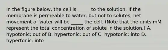 In the figure below, the cell is _____ to the solution. If the membrane is permeable to water, but not to solutes, net movement of water will be _____ the cell. (Note that the units mM represent the total concentration of solute in the solution.) A. hypotonic; out of B. hypertonic: out of C. hypotonic: into D. hypertonic: into